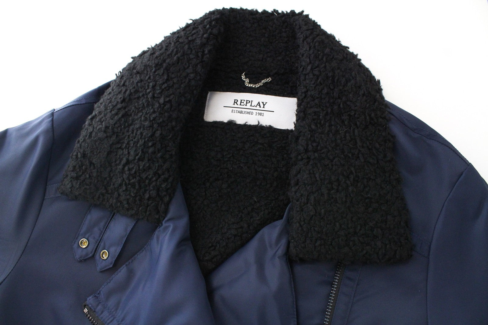 REPLAY Women's Jacket S Deep Blue Nylon Zip Regular Length Faux Fur Collar