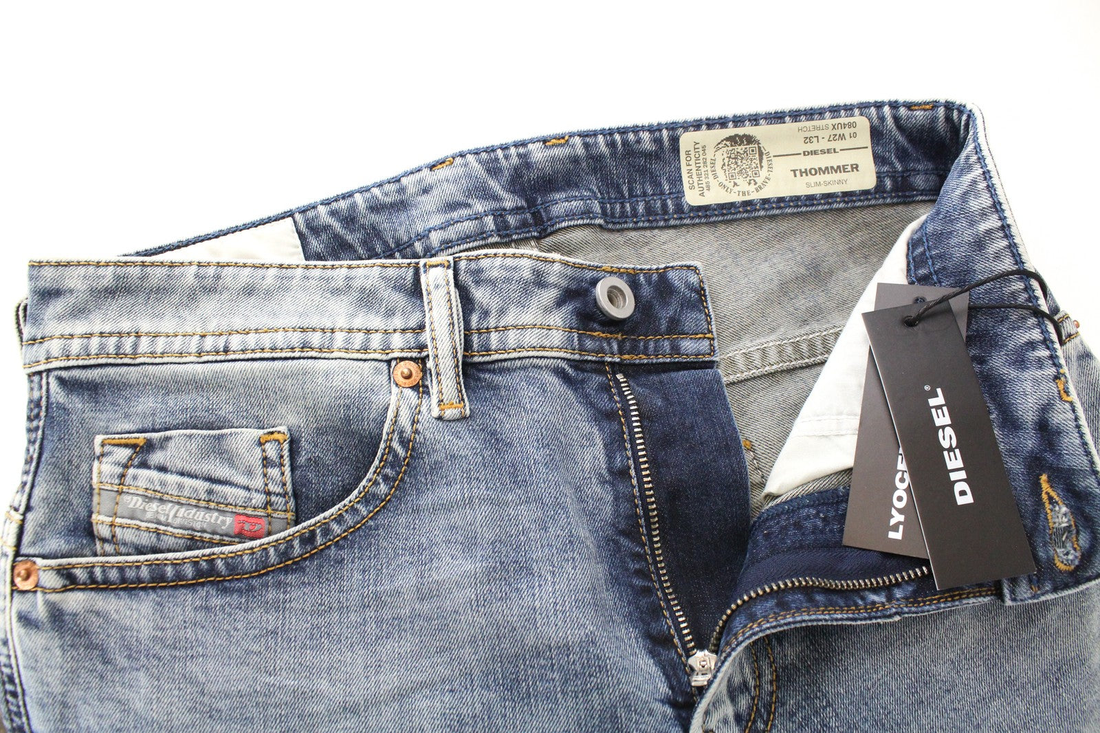 DIESEL Thommer 084UX vyriški W27/L32 akmens spalvos aptempti džinsai su dėmėmis ir užtrauktuku 