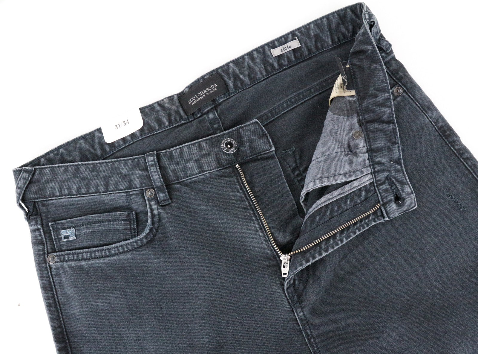 SCOTCH &amp; SODA Pike vyriški pilki aptempti džinsai W31/L34 su plėšytais užtrauktuku ir tampriu audiniu 