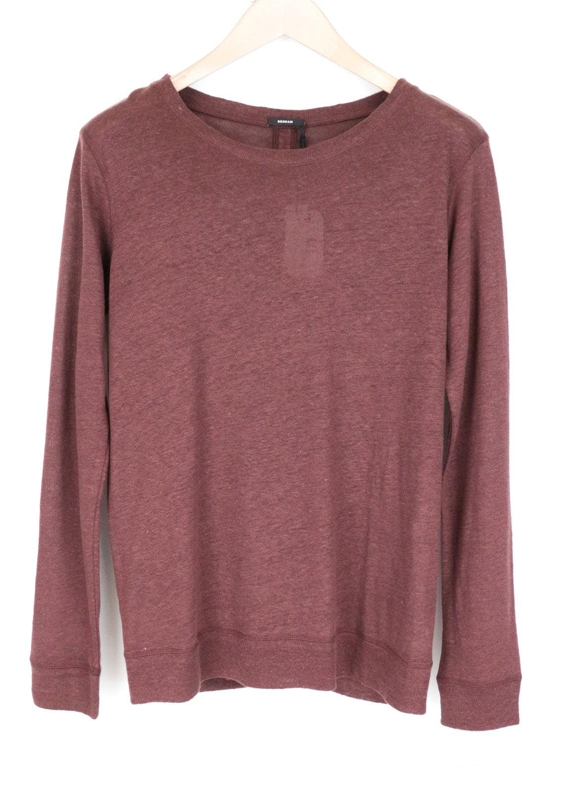 DENHAM Women's Top S Burgundy Linen Jersey Crew Neck Long Sleeve Melange