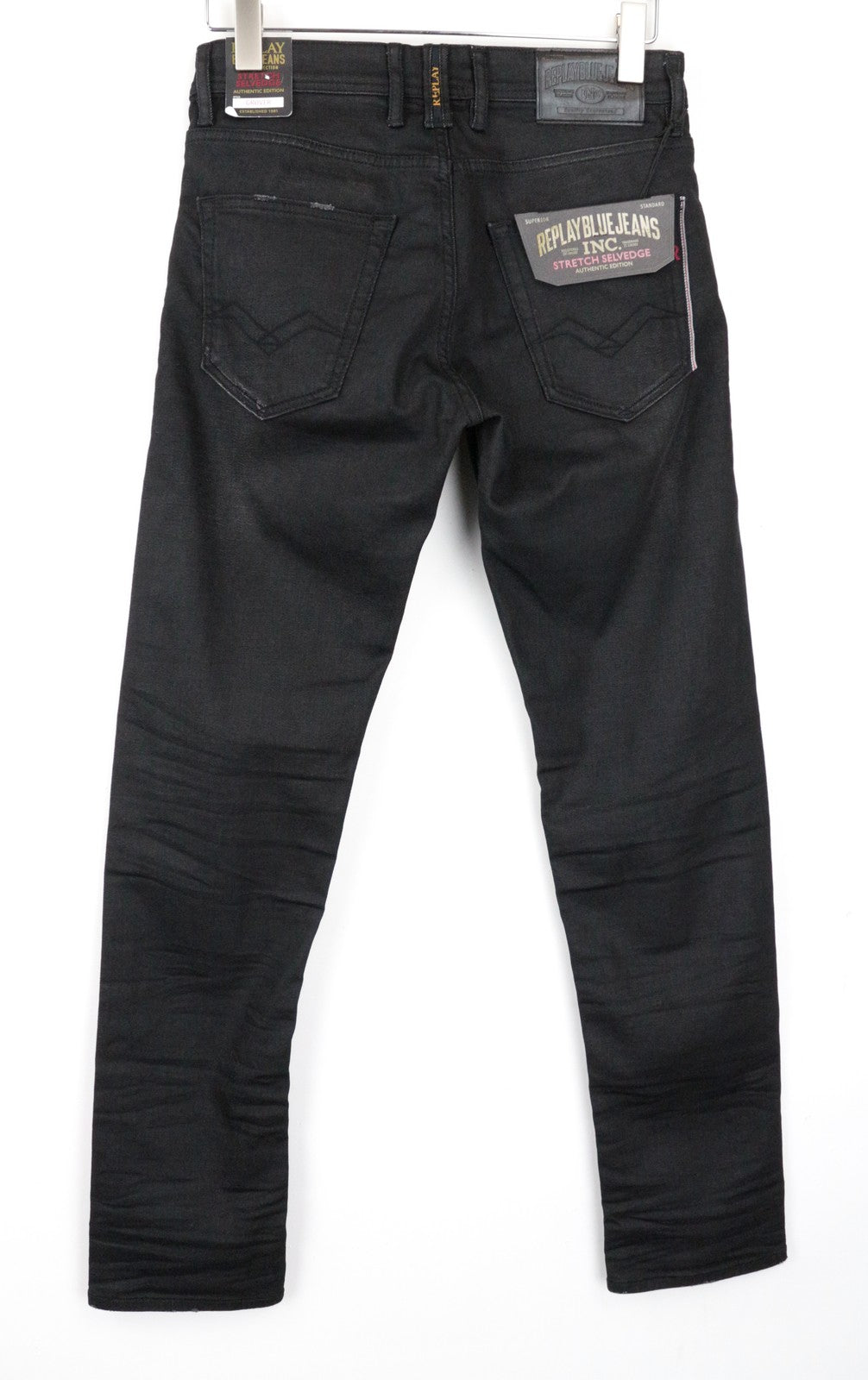 REPLAY Grover Men's W30/L34 Grey Selvedge Straight Jeans Stretch Button Fly