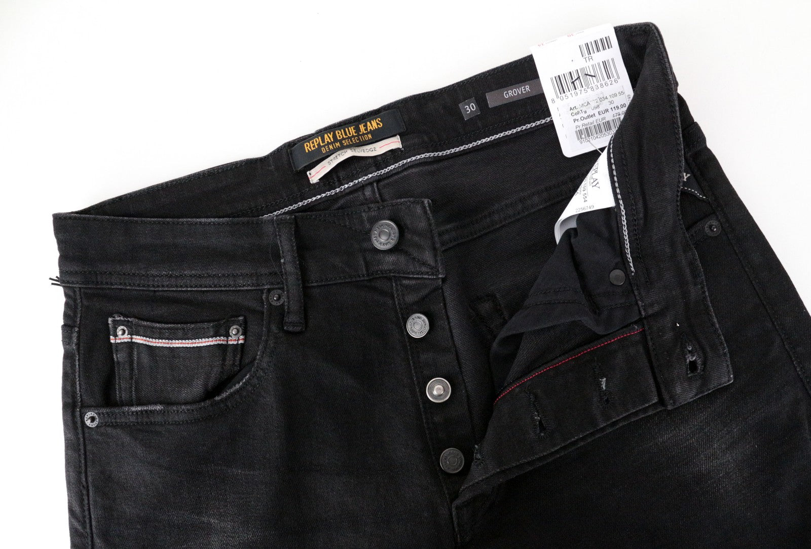 REPLAY Grover Men's W30/L34 Grey Selvedge Straight Jeans Stretch Button Fly