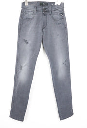 REPLAY Anbass vyriški šviesiai pilki, ploni, tamprūs džinsai su dirbtiniu užtrauktuku, W28/L32 