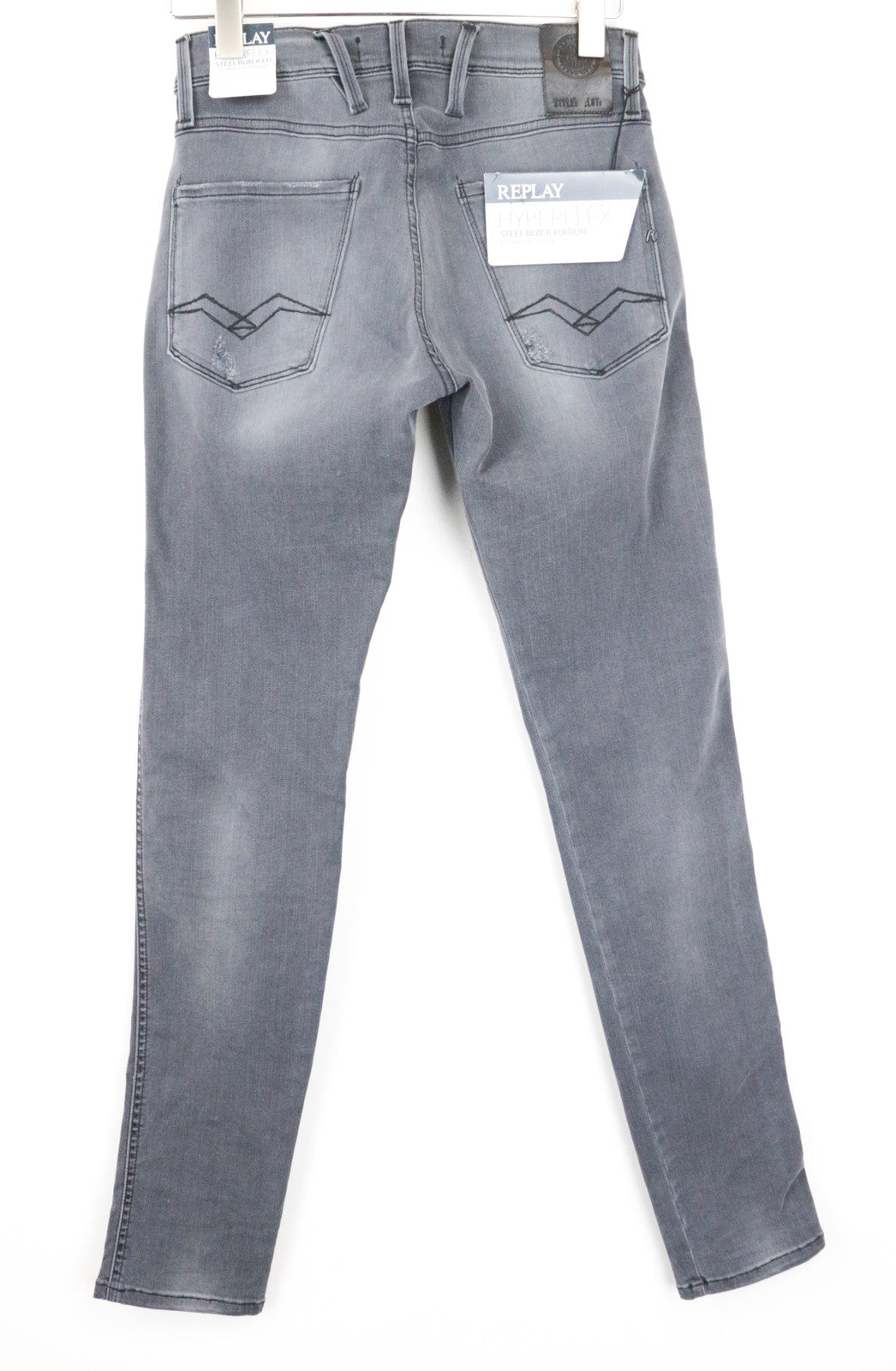 REPLAY Anbass vyriški šviesiai pilki, ploni, tamprūs džinsai su dirbtiniu užtrauktuku, W28/L32 
