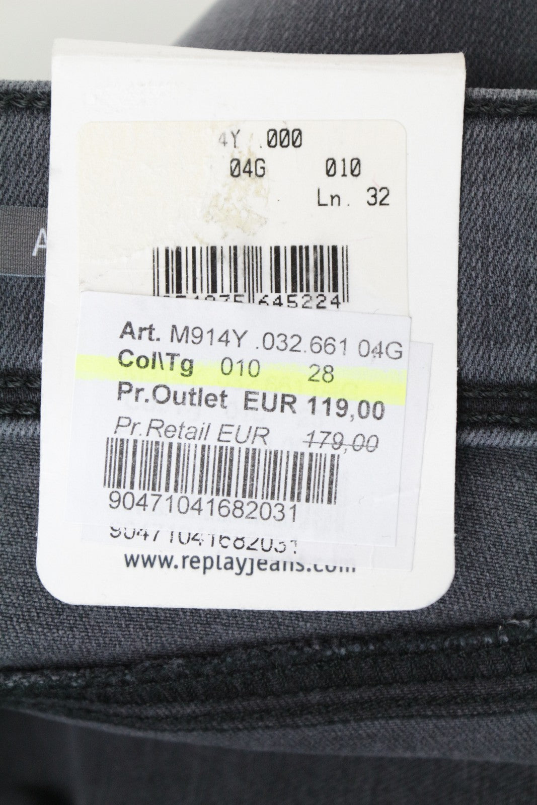 REPLAY Anbass vyriški šviesiai pilki, ploni, tamprūs džinsai su dirbtiniu užtrauktuku, W28/L32 