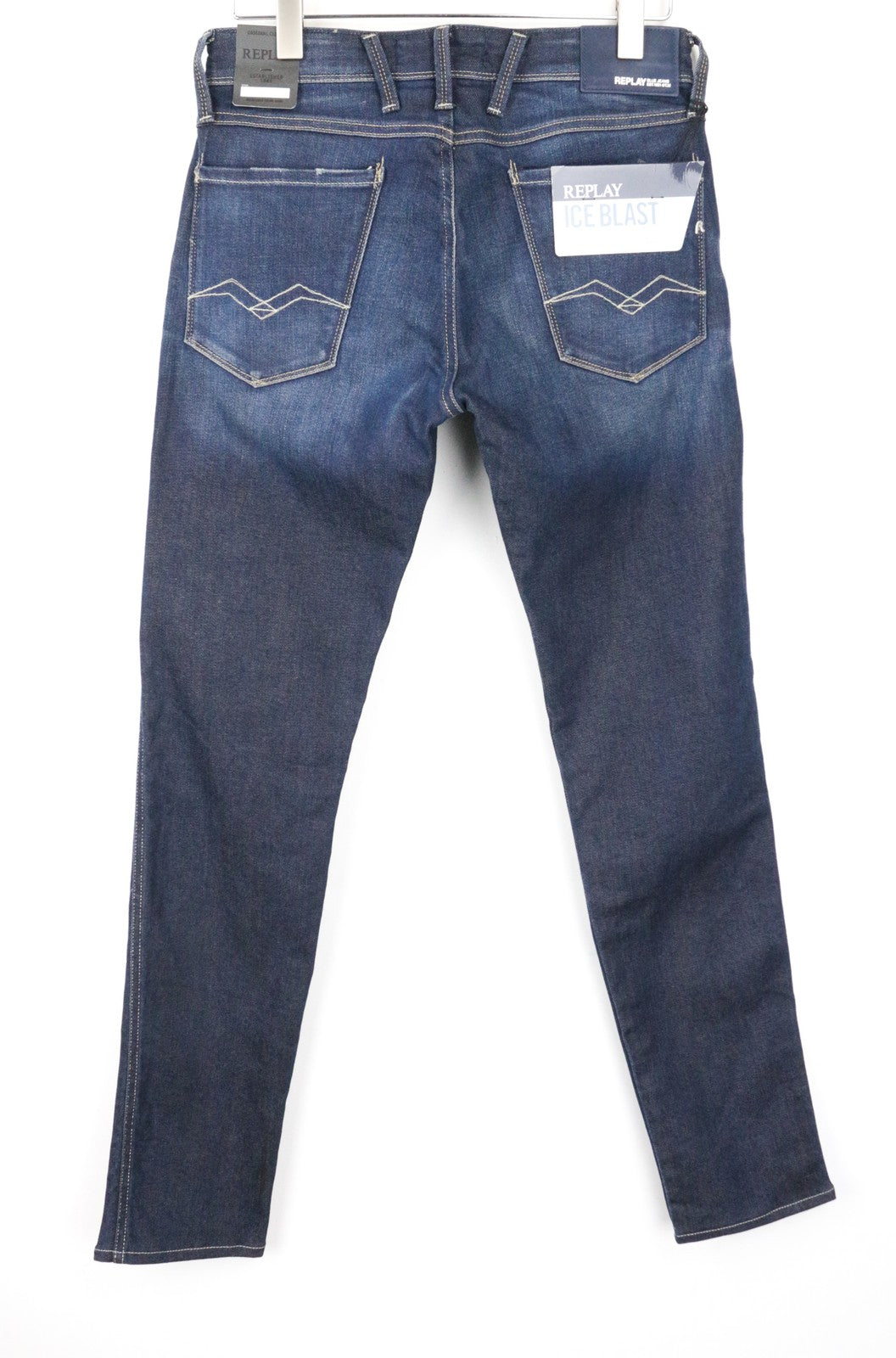 REPLAY Anbass Men's W30/L32 Dark Blue Slim Fit Stretch Jeans Faded Zip Power