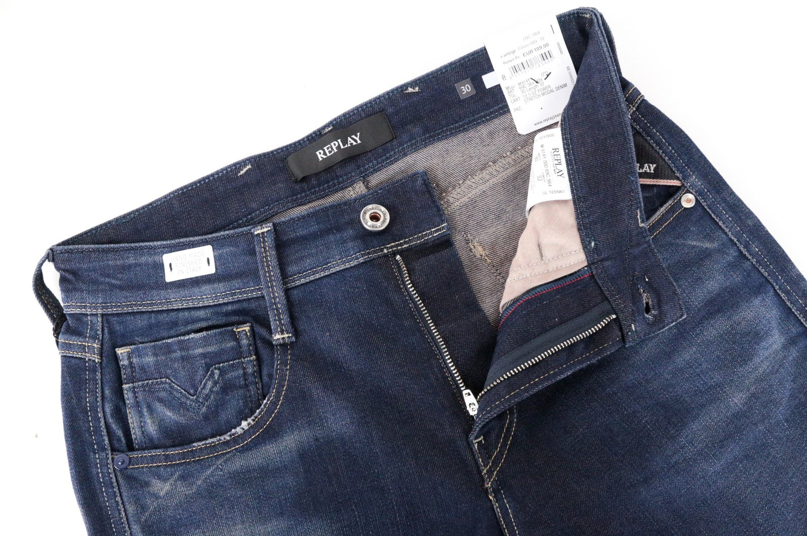 REPLAY Anbass Men's W30/L32 Dark Blue Slim Fit Stretch Jeans Faded Zip Power