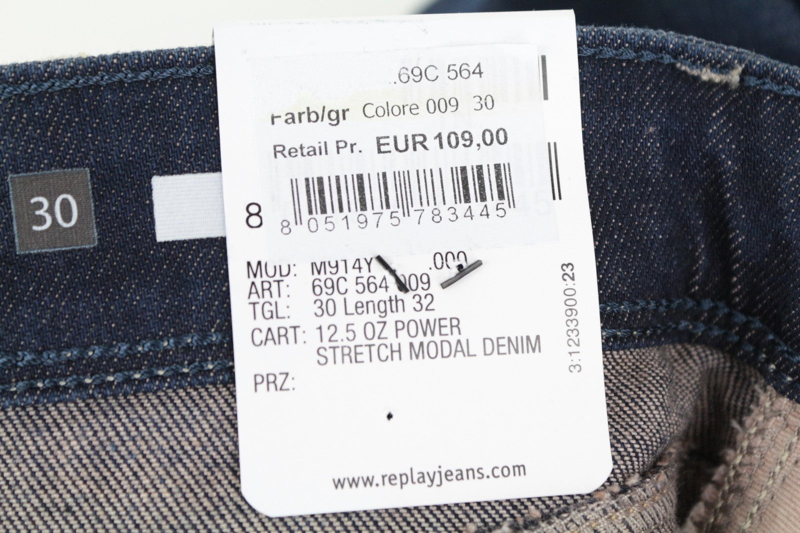 REPLAY Anbass Men's W30/L32 Dark Blue Slim Fit Stretch Jeans Faded Zip Power