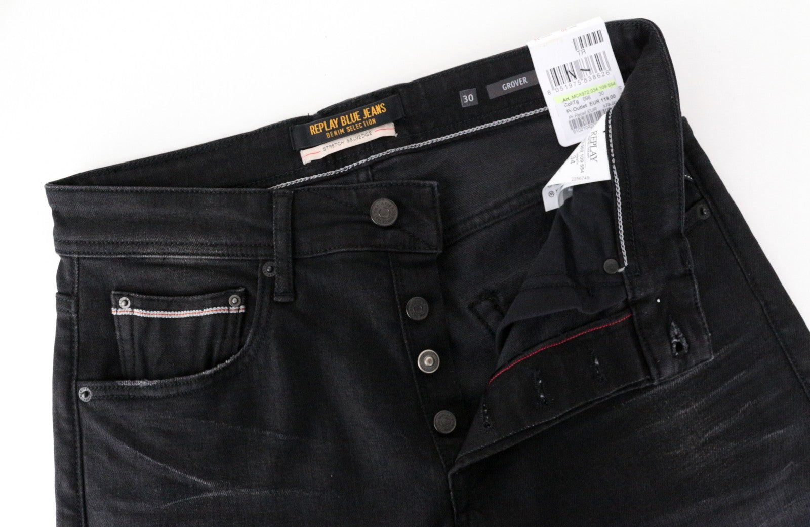 REPLAY Grover Men's W30/L34 Dark Grey Selvedge Jeans Button Fly Straight Fit