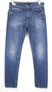 REPLAY Grover Men's W30/L34 Blue Distressed Stone Wash Jeans Button Fly