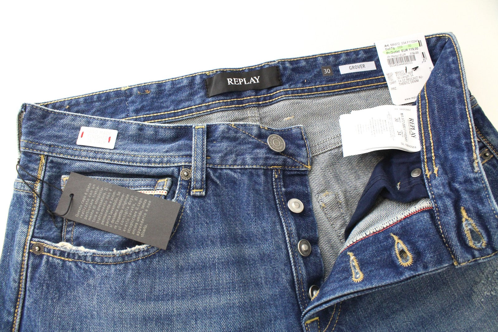 REPLAY Grover Men's W30/L34 Blue Distressed Stone Wash Jeans Button Fly