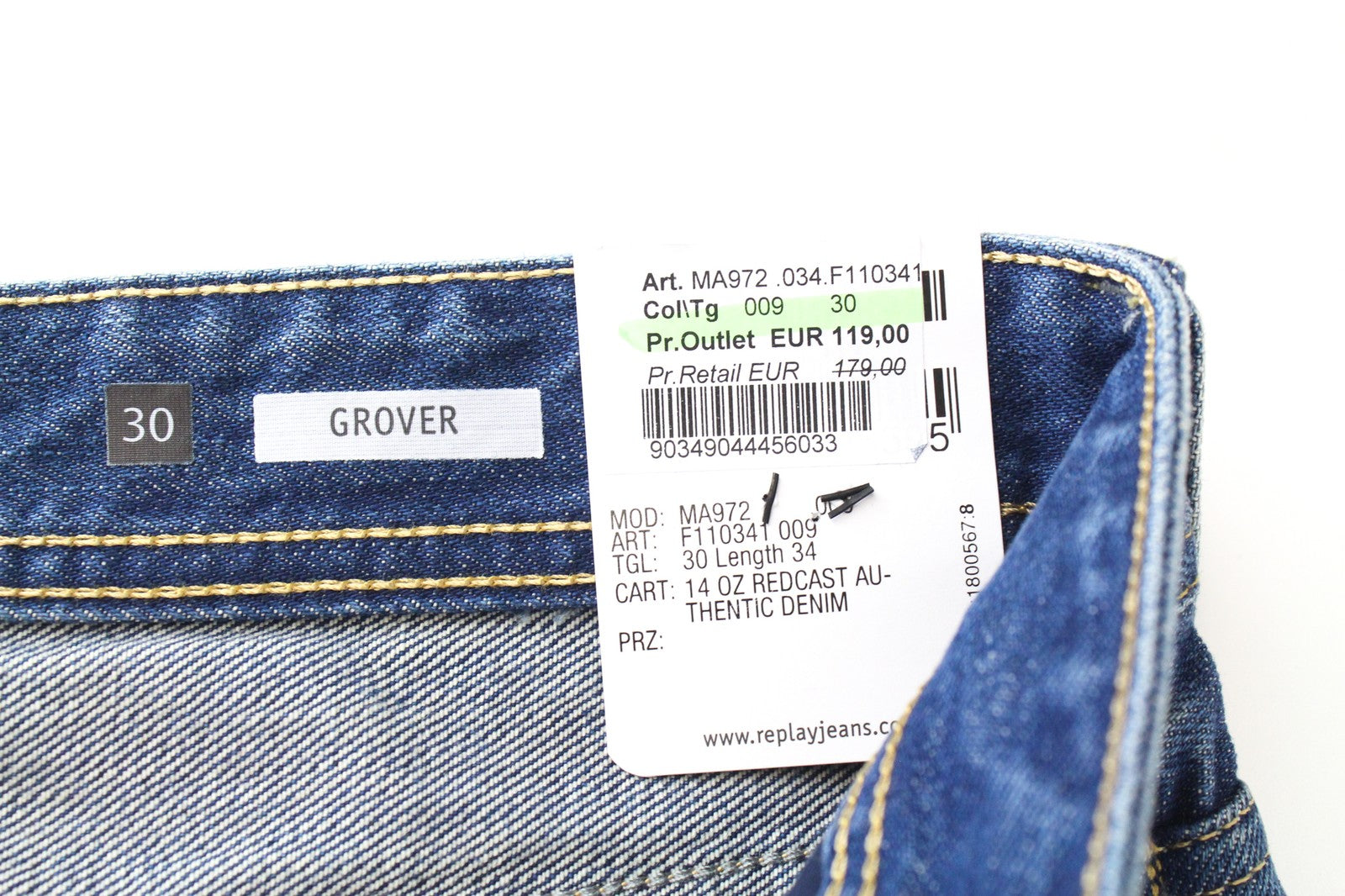 REPLAY Grover Men's W30/L34 Blue Distressed Stone Wash Jeans Button Fly