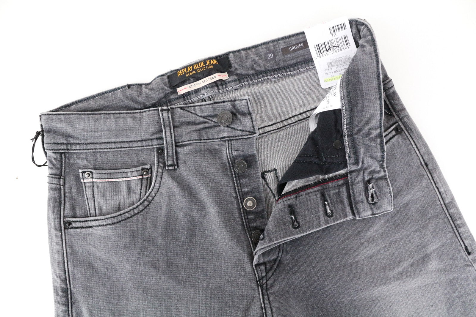 REPLAY Grover Men's W29/L34 Grey Selvedge Straight Jeans Stretch Button Fly