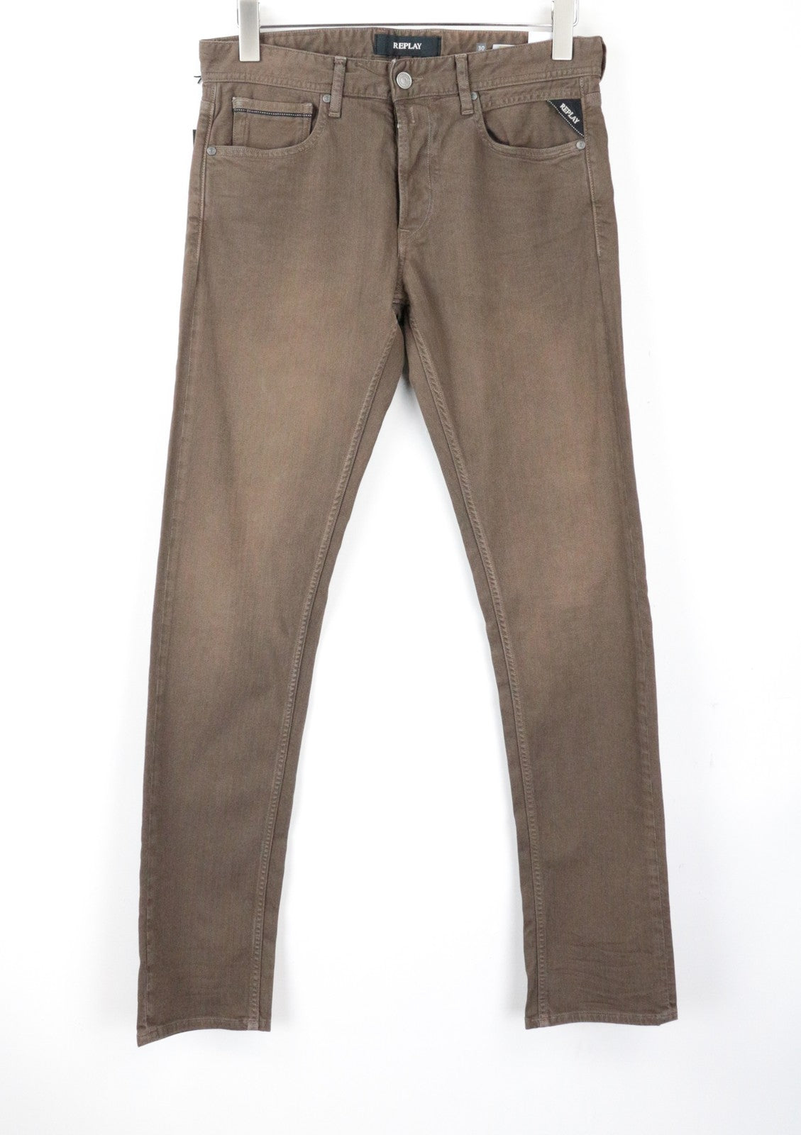 REPLAY Grover vyriški W30/L34 vidutinio ūgio rudi tiesūs džinsai su tampriomis sagomis, vidutinio liemens juosmeniu 