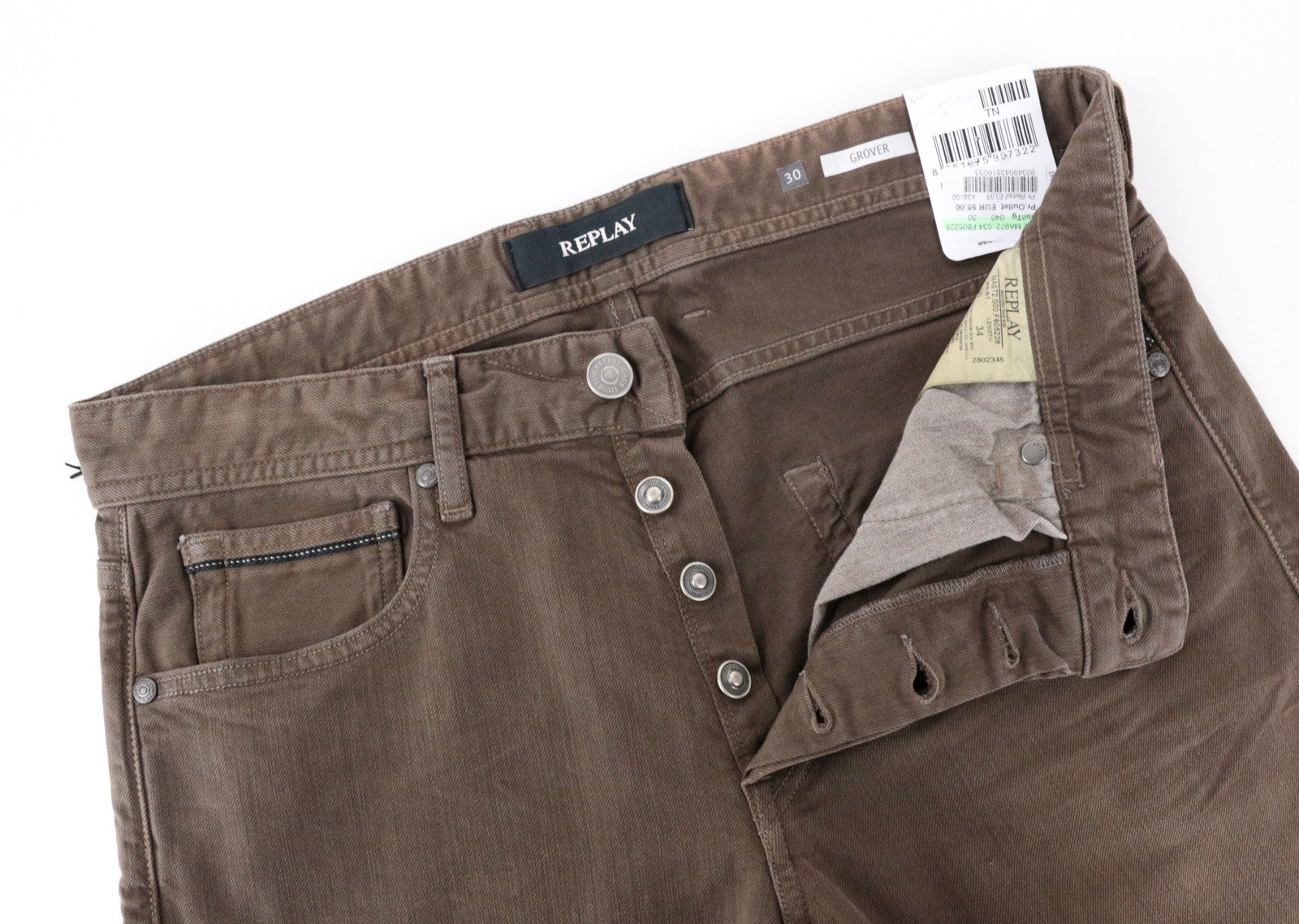REPLAY Grover Men's W30/L34 Brown Button Fly Straight Jeans Stretch Classic