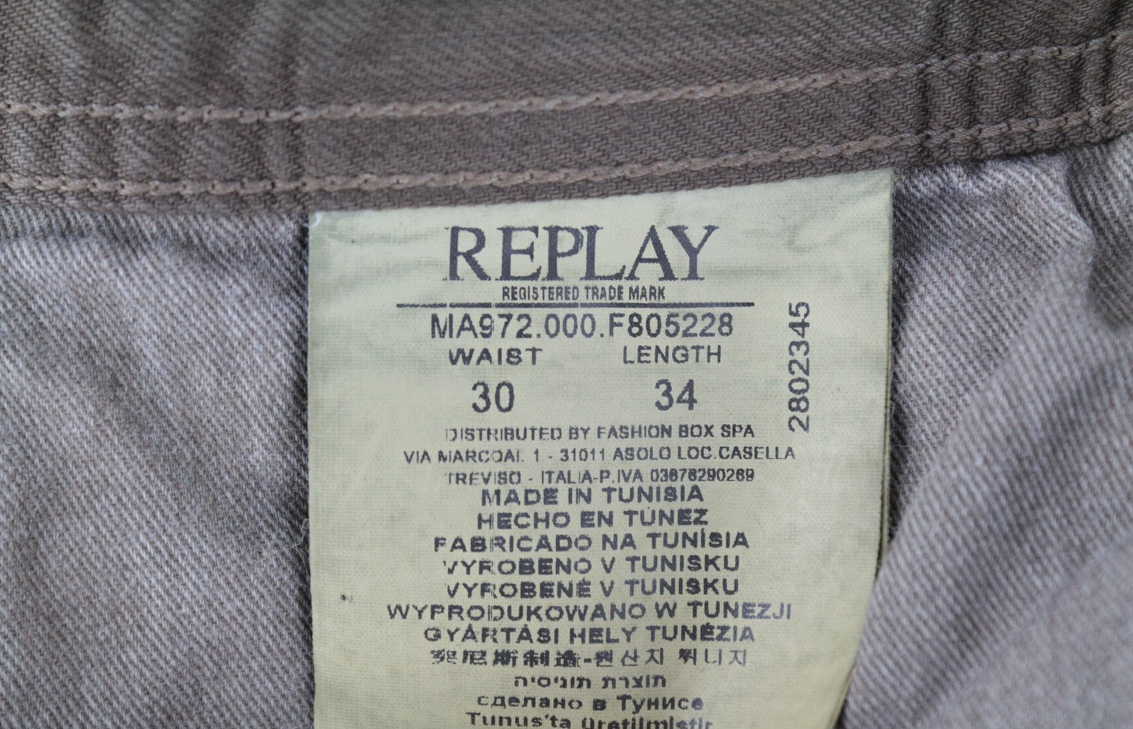 REPLAY Grover Men's W30/L34 Brown Button Fly Straight Jeans Stretch Classic