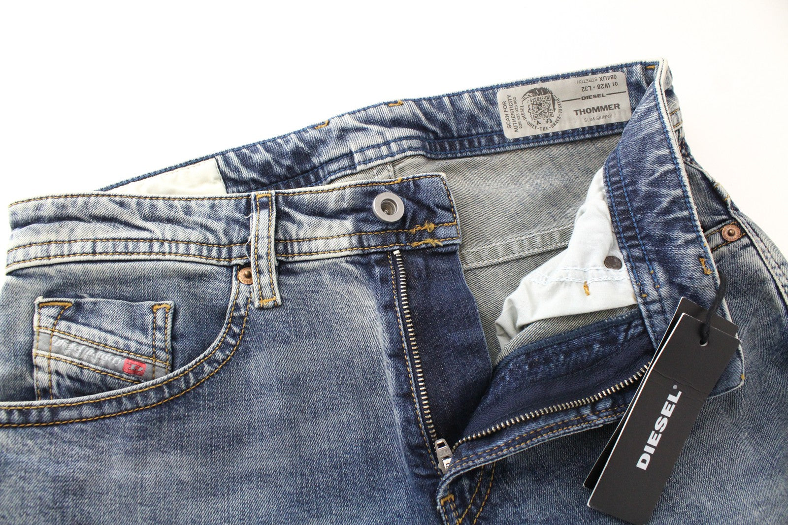 DIESEL Thommer 084UX vyriški W28/L32 Slim Skinny džinsai su akmens spalvos užtrauktuku 