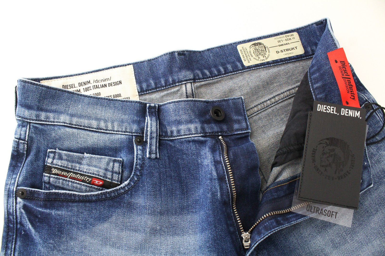 DIESEL D-Strukt 081AQ vyriški W29/L30 siaurėjantys plėšyti džinsai su akmens spalvos užtrauktuku 