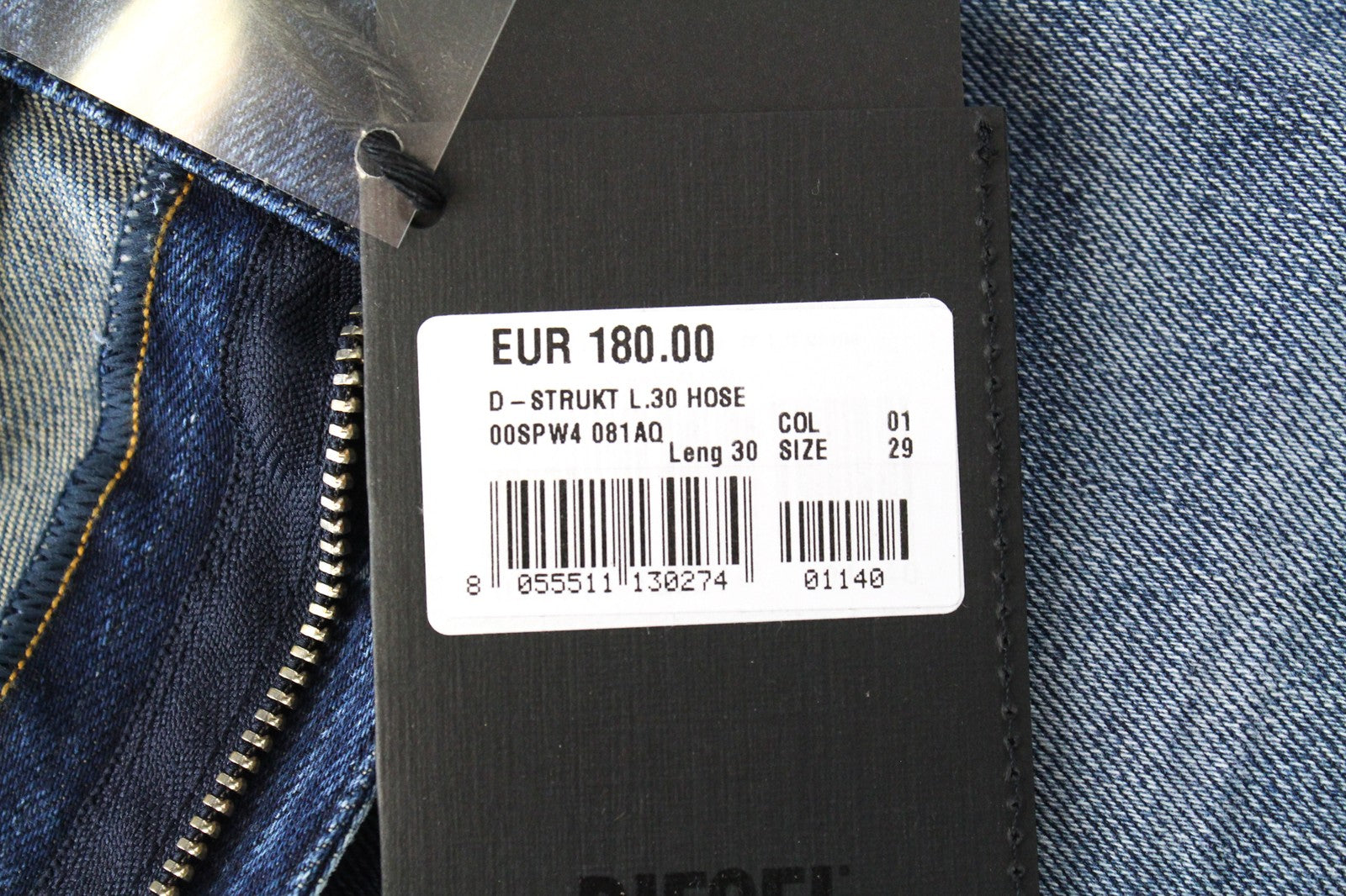 DIESEL D-Strukt 081AQ vyriški W29/L30 siaurėjantys plėšyti džinsai su akmens spalvos užtrauktuku 