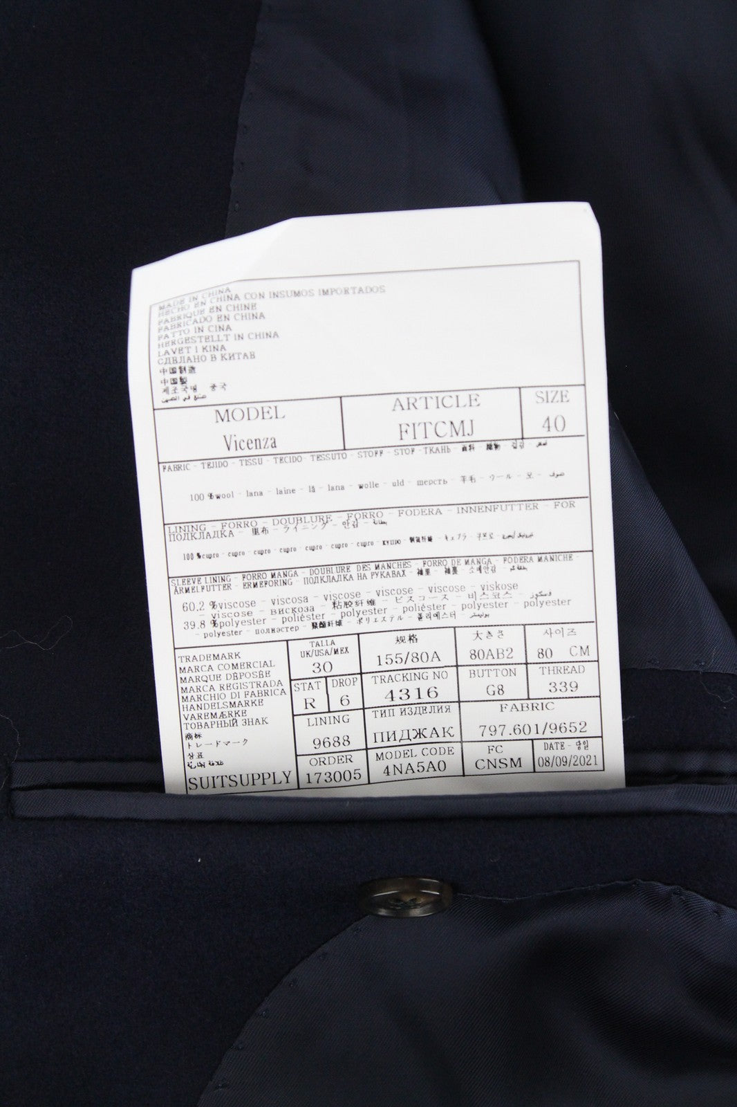 SUITSUPPLY Vicenza Men's Boys Coat UK30R Navy Flannel Wool Single Breasted