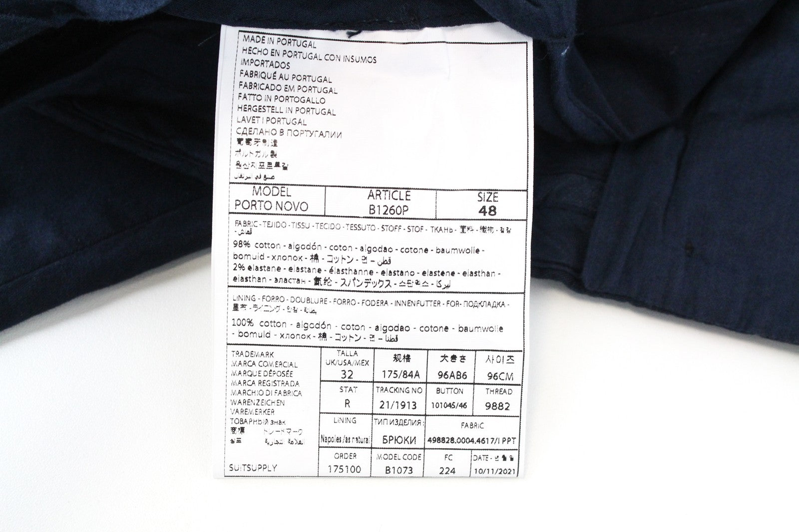 SUITSUPPLY Porto Novo Men's Trousers UK32R Dark Blue Stretch Cotton Blend Fit