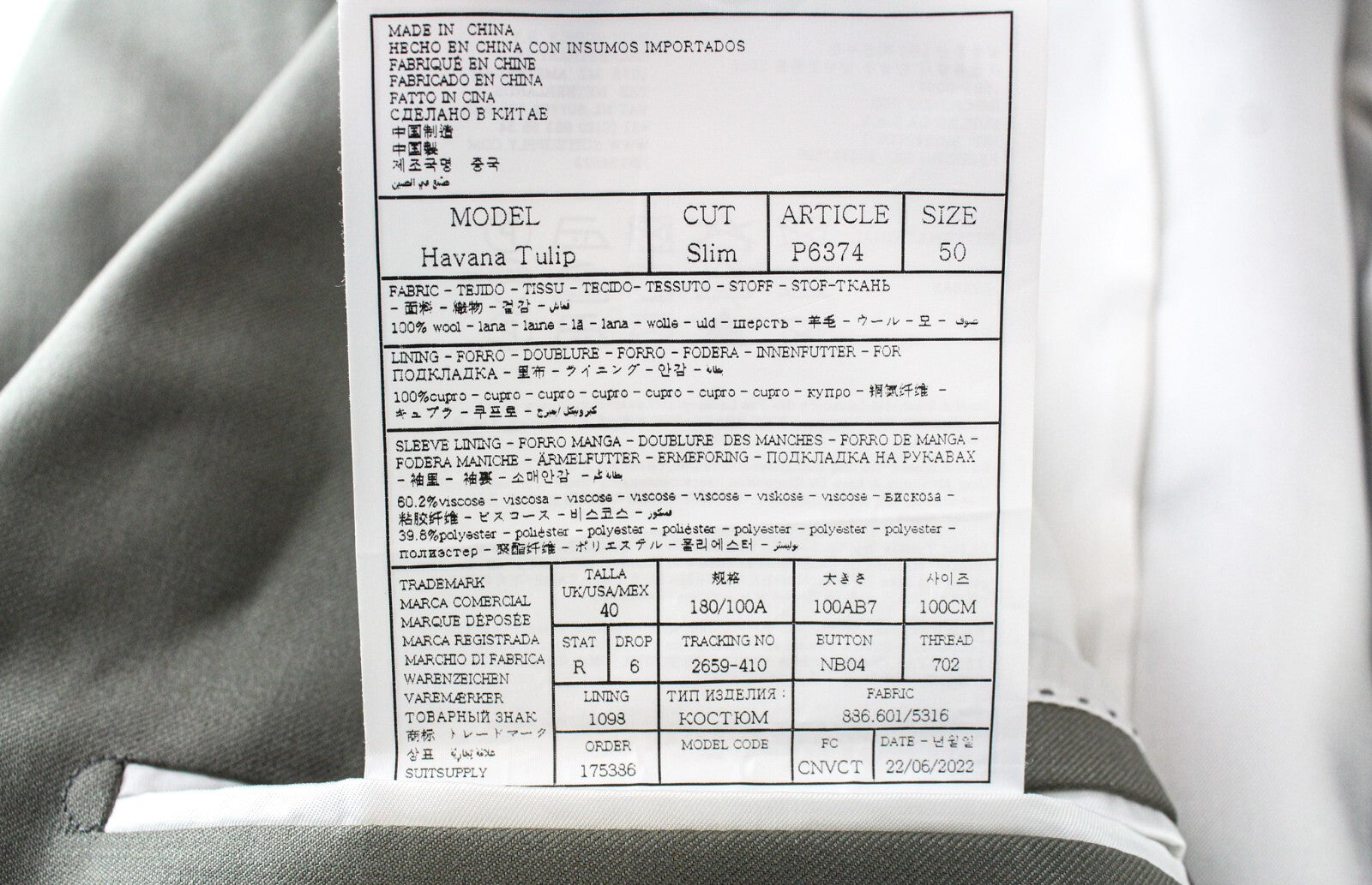 SUITSUPPLY Havana Tulip Men's Suit UK40R Green Pure Wool Lined 2 Piece Look