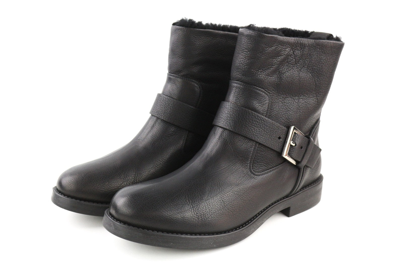 HUGO BOSS Lia Biker-Fur Womens Boots EU39 UK6 Black Leather Real Fur Mid Buckle