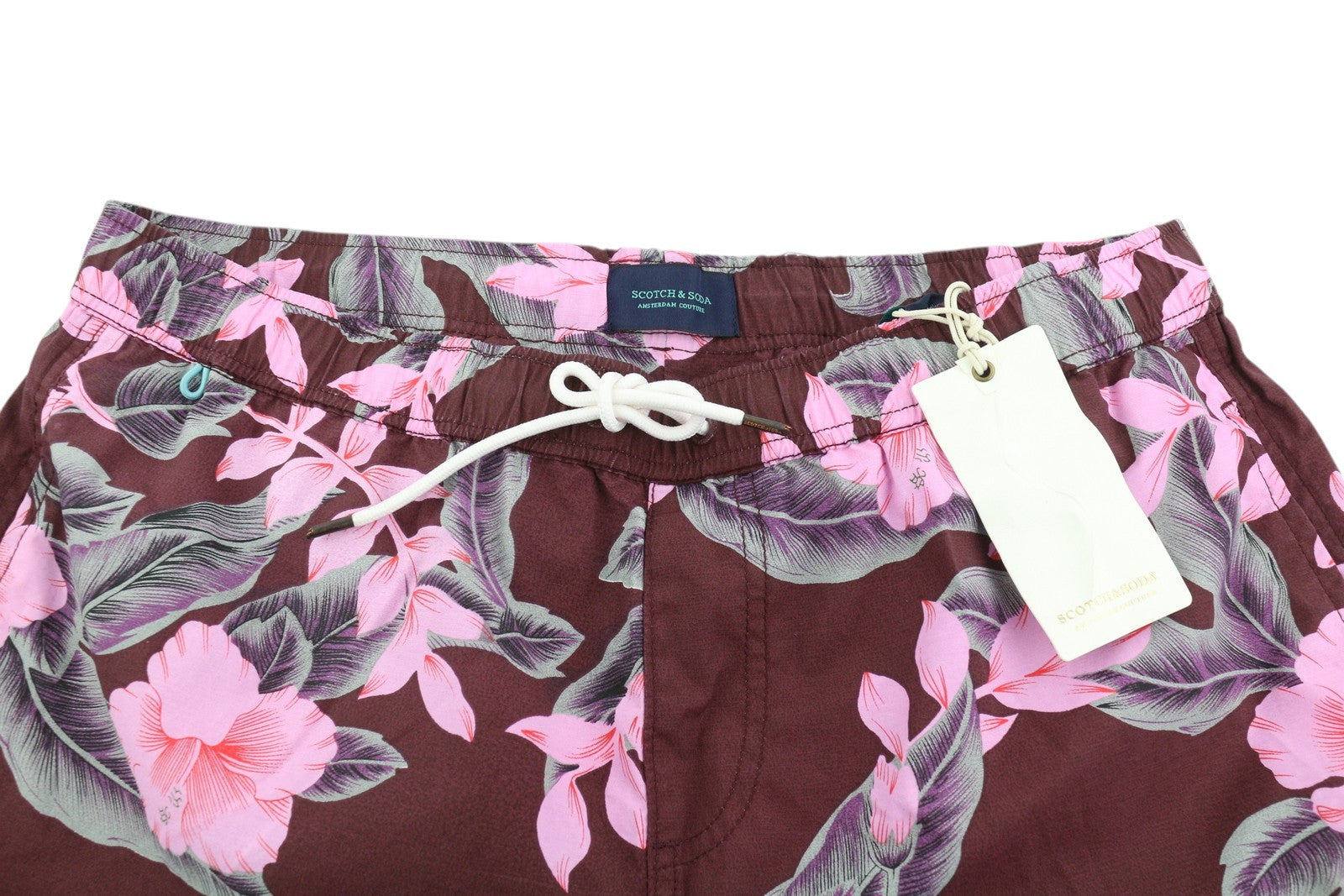 SCOTCH & SODA Men Swimwear L Burgundy Floral Pattern Elastic Waist Mesh Lined