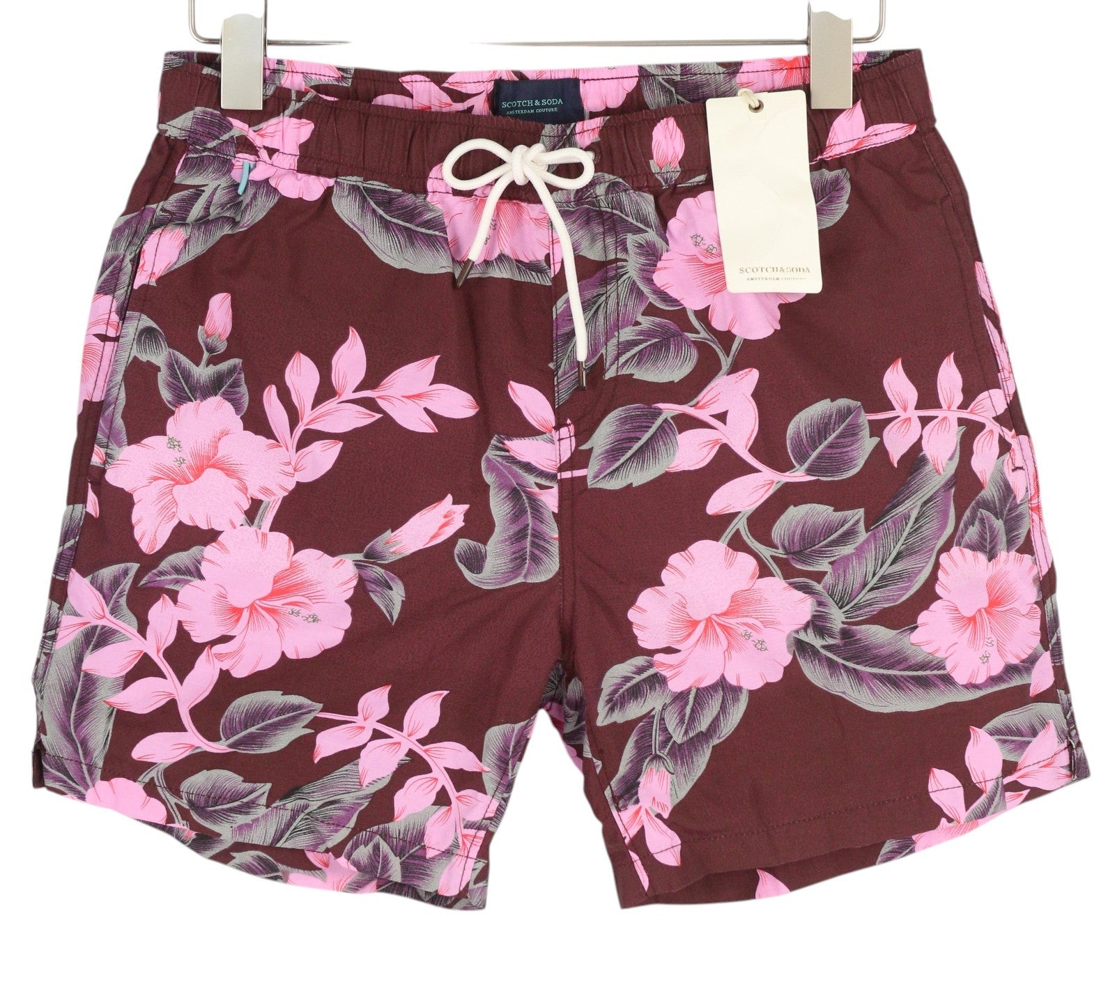 SCOTCH & SODA Men Swimwear S Burgundy Floral Patterned Elastic Waist Mesh Lined