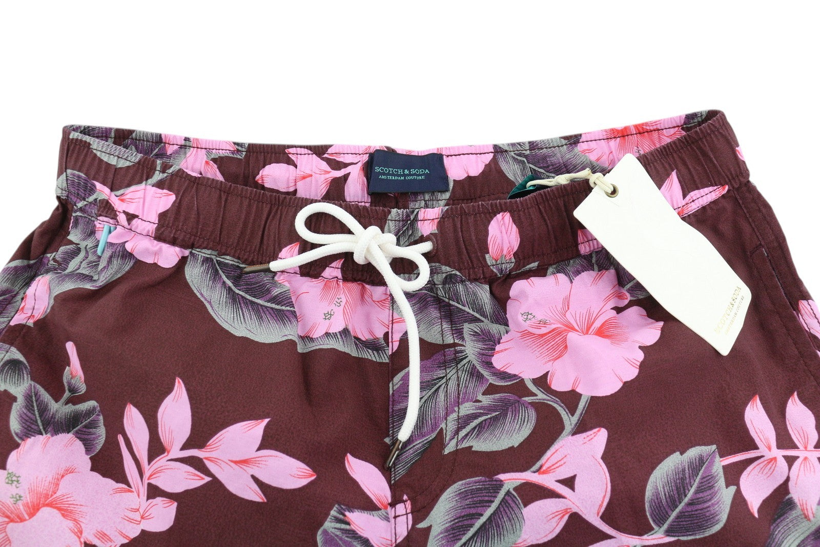 SCOTCH & SODA Men Swimwear S Burgundy Floral Patterned Elastic Waist Mesh Lined