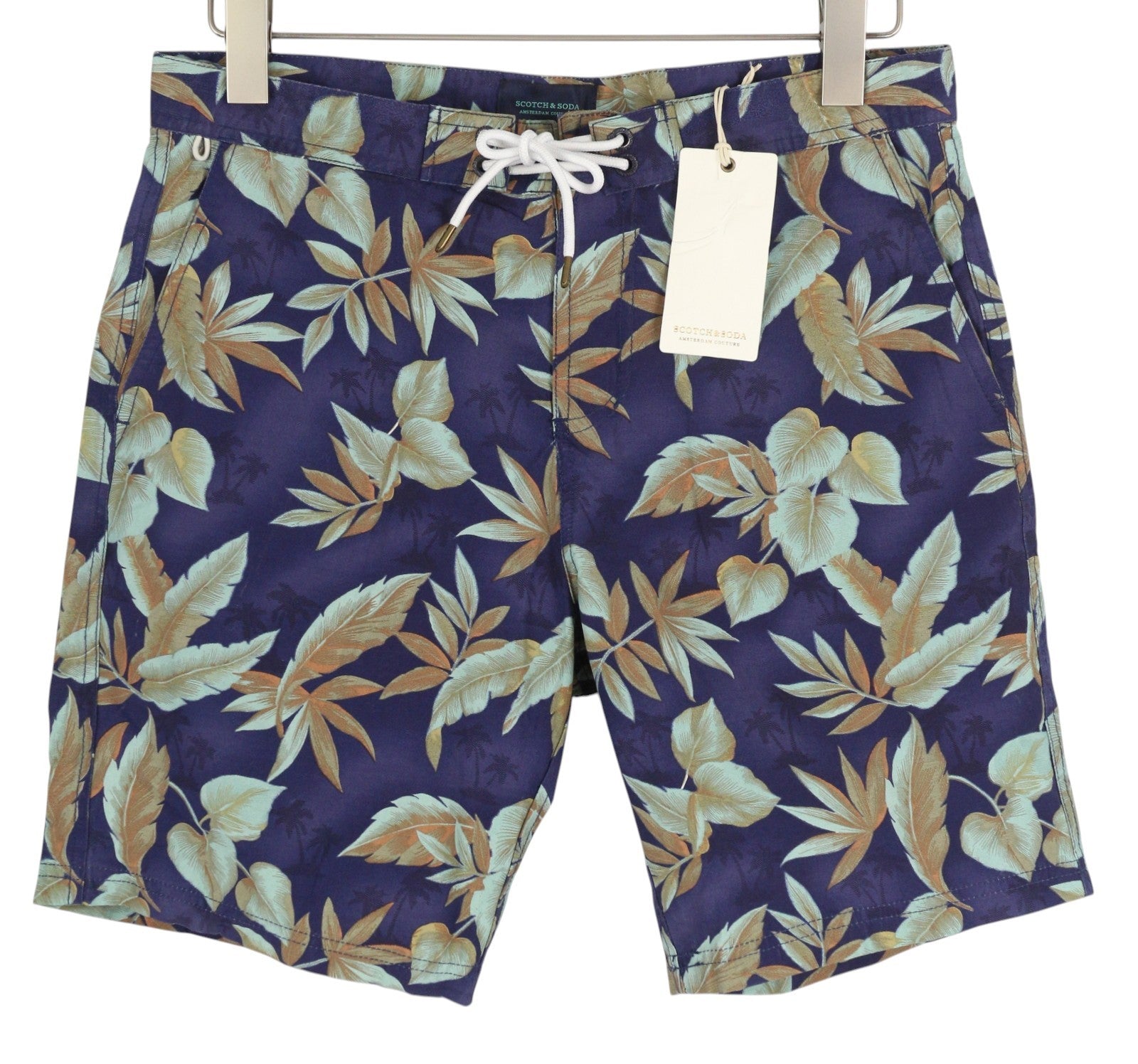 SCOTCH & SODA Men Swimwear S Blue Leafs Pattern Mesh Lined Drawstring Waist