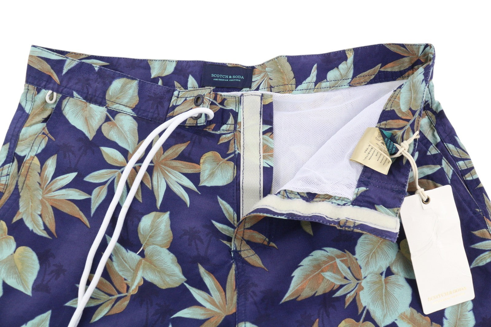 SCOTCH & SODA Men Swimwear S Blue Leafs Pattern Mesh Lined Drawstring Waist