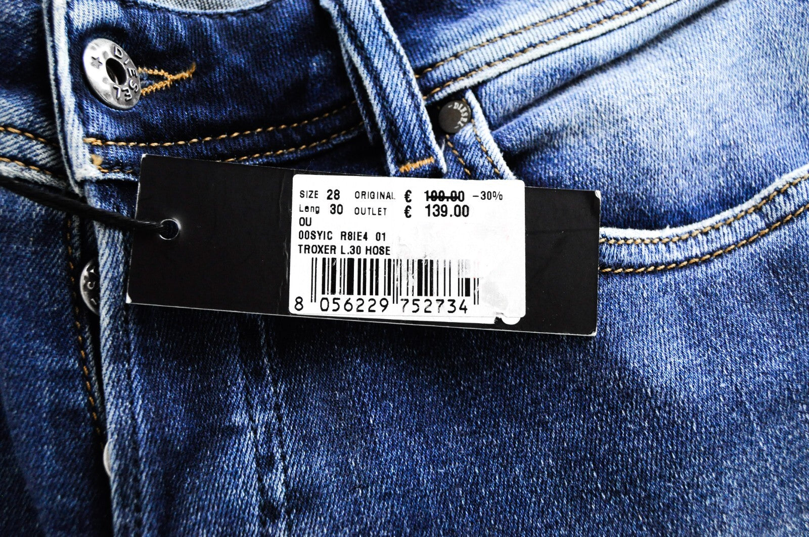 DIESEL Troxer R8IE4 vyriški džinsai W28/L30 tamprūs, ploni, aptempti, mėlyni 