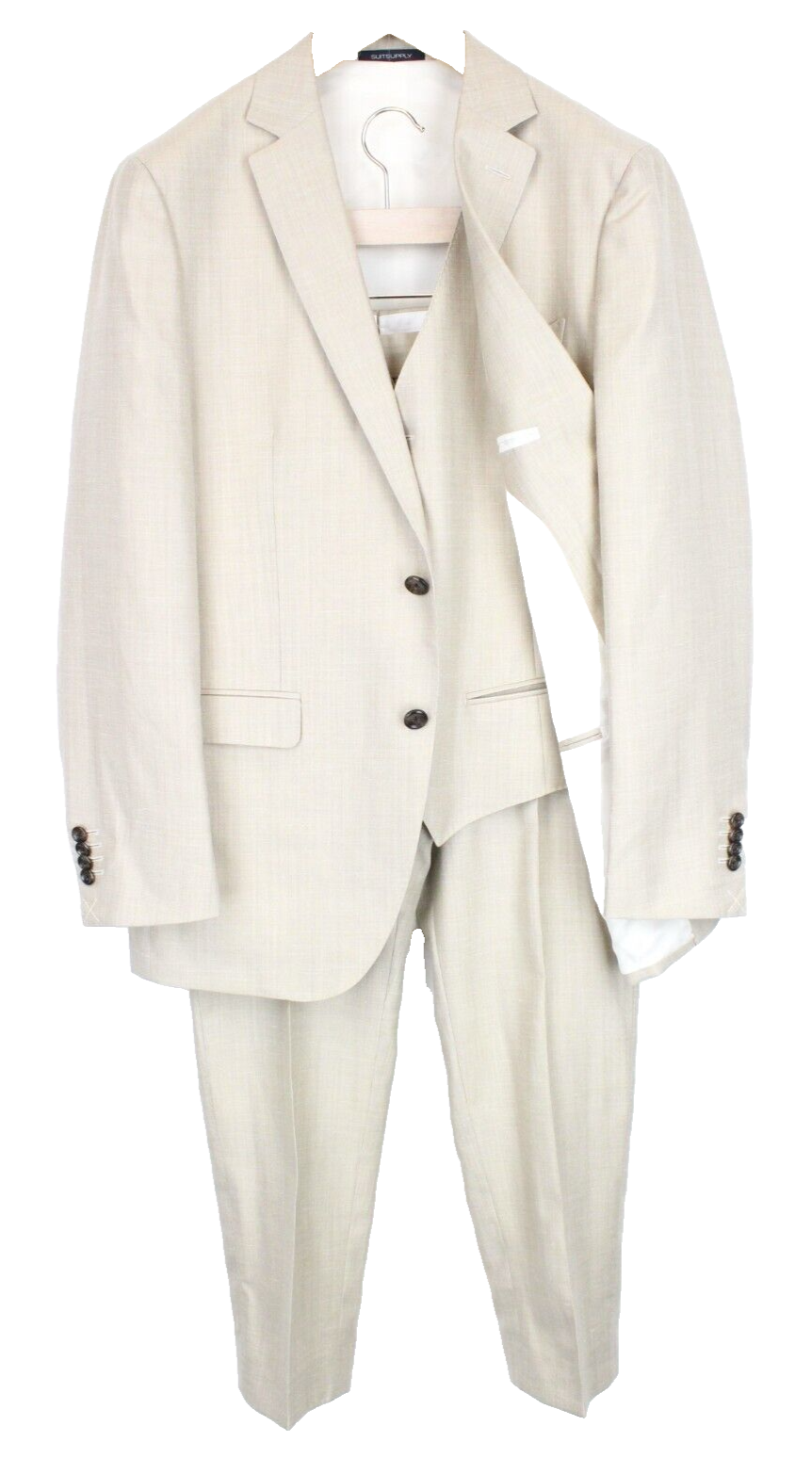 SUITSUPPLY La Spalla Mens Suit UK40R Beige 3 Pc Wool Silk Linen Herringbone