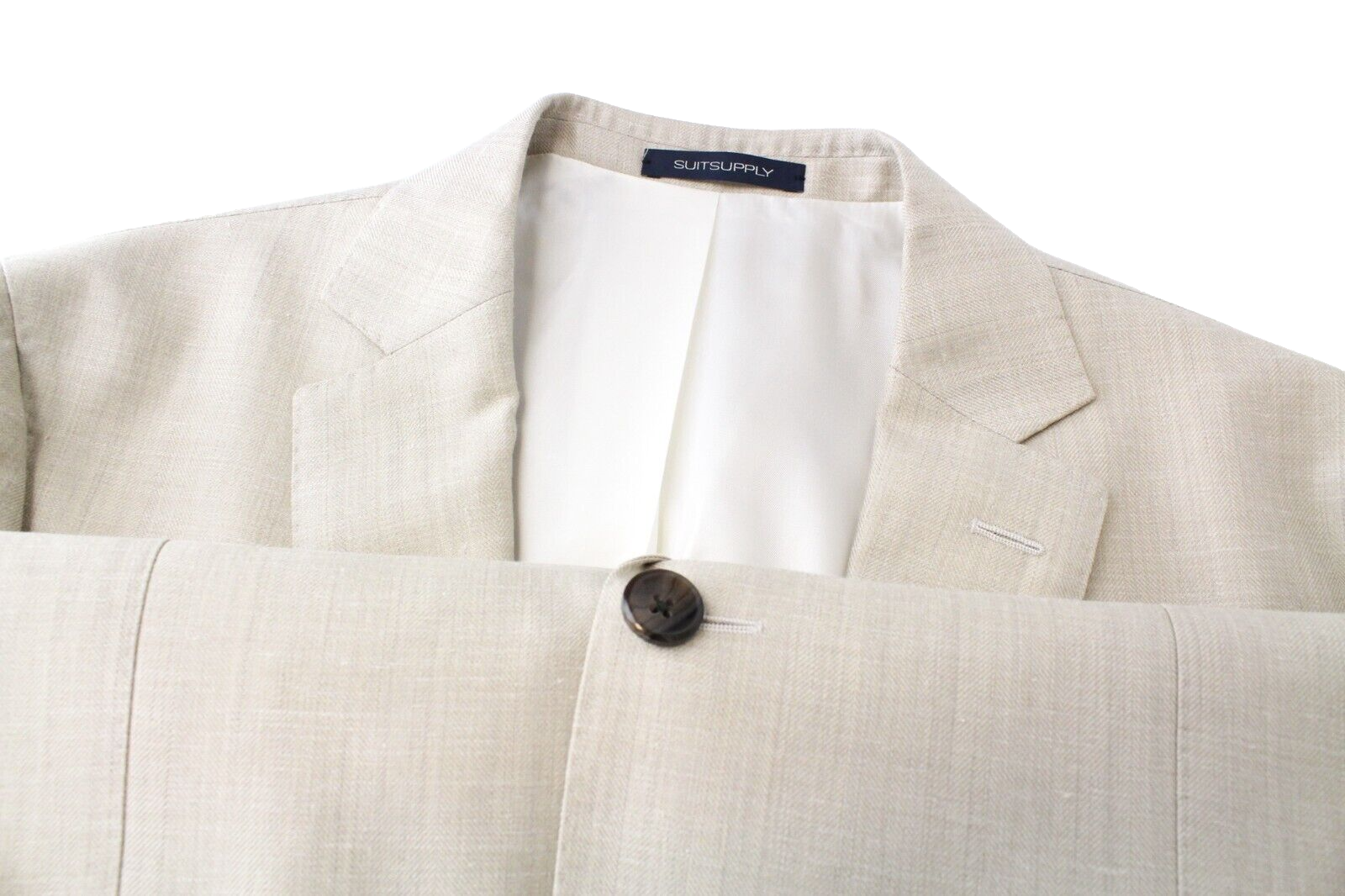 SUITSUPPLY La Spalla Mens Suit UK40R Beige 3 Pc Wool Silk Linen Herringbone