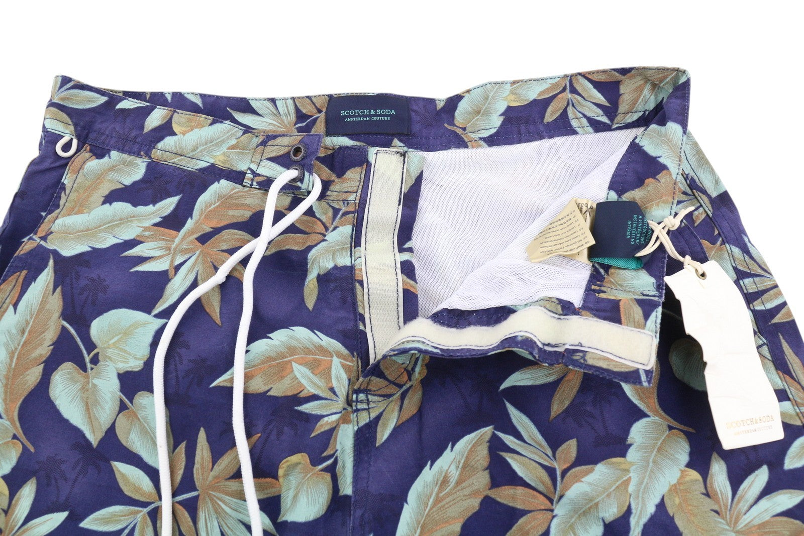 SCOTCH & SODA Men Swimwear S Blue Leaf Pattern Mesh Lined Drawstring Waist Logo