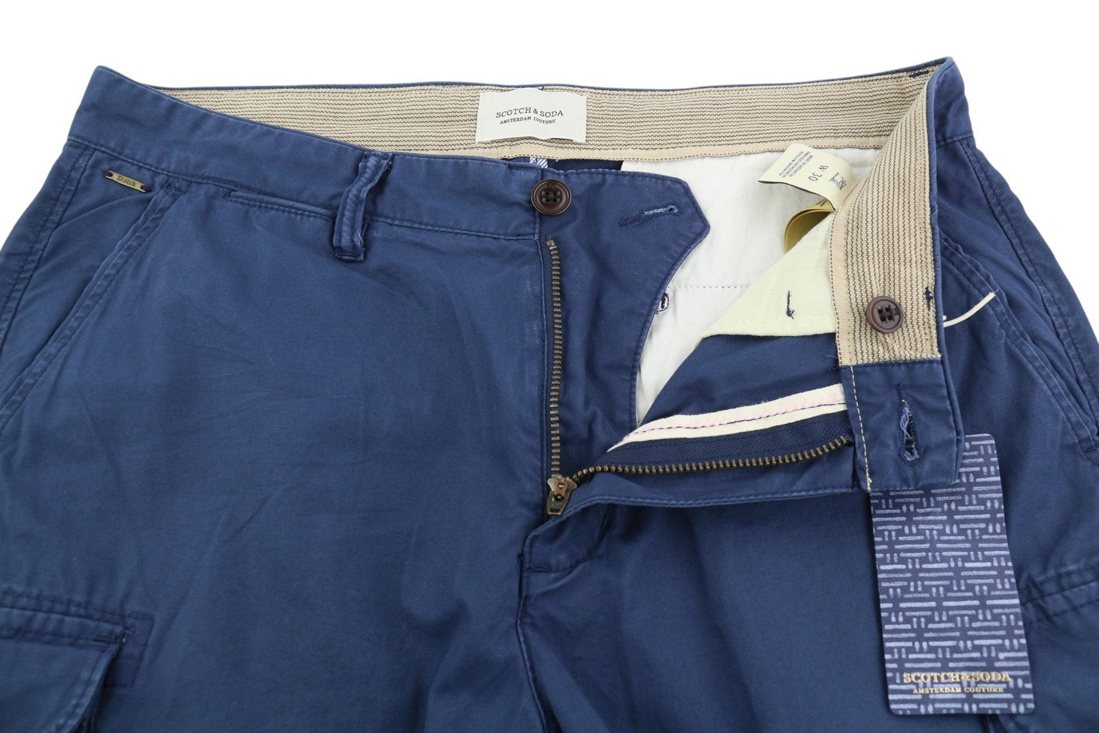 SCOTCH & SODA Men Shorts W30 Dark Blue Cargo Zip 5-Design Pockets Logo Casual