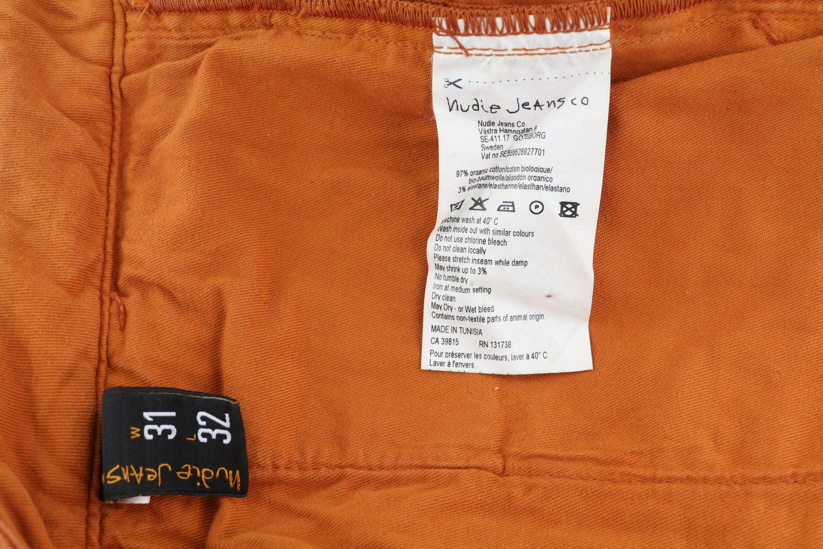 NUDIE JEANS Khaki Slim Org. Warm Orange Men Trousers W31/L32 Chino Zip Fly Logo