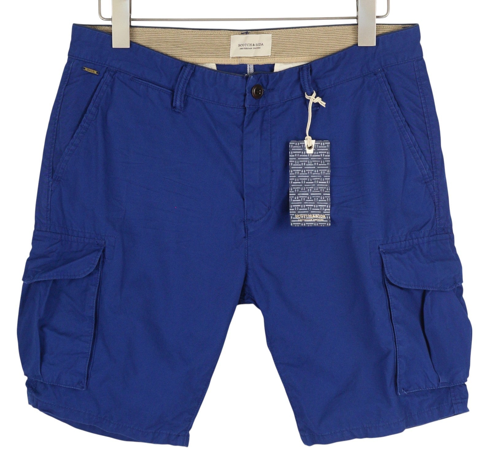 SCOTCH & SODA Men's Shorts W31 Blue Cargo Zip Fly 5-Design Pockets Logo Casual