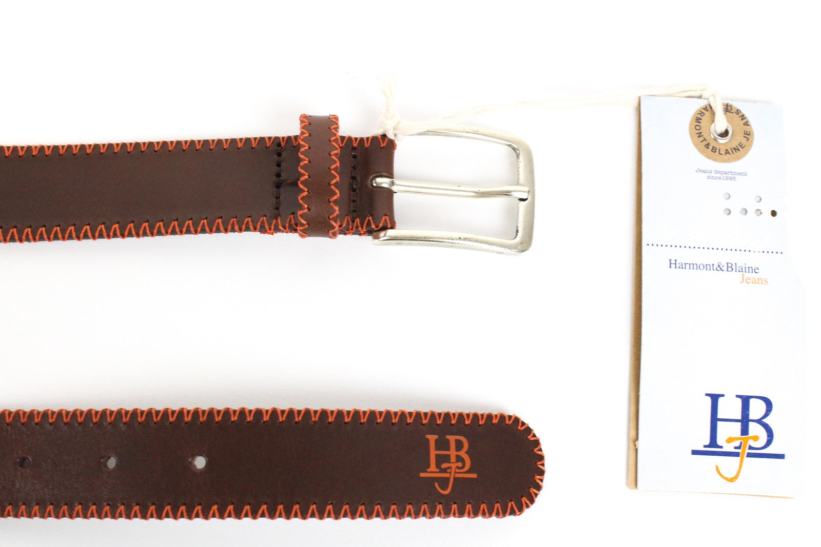 HARMONT & BLAINE Belt 100cm Brown Leather Orange Stitch Round Edge