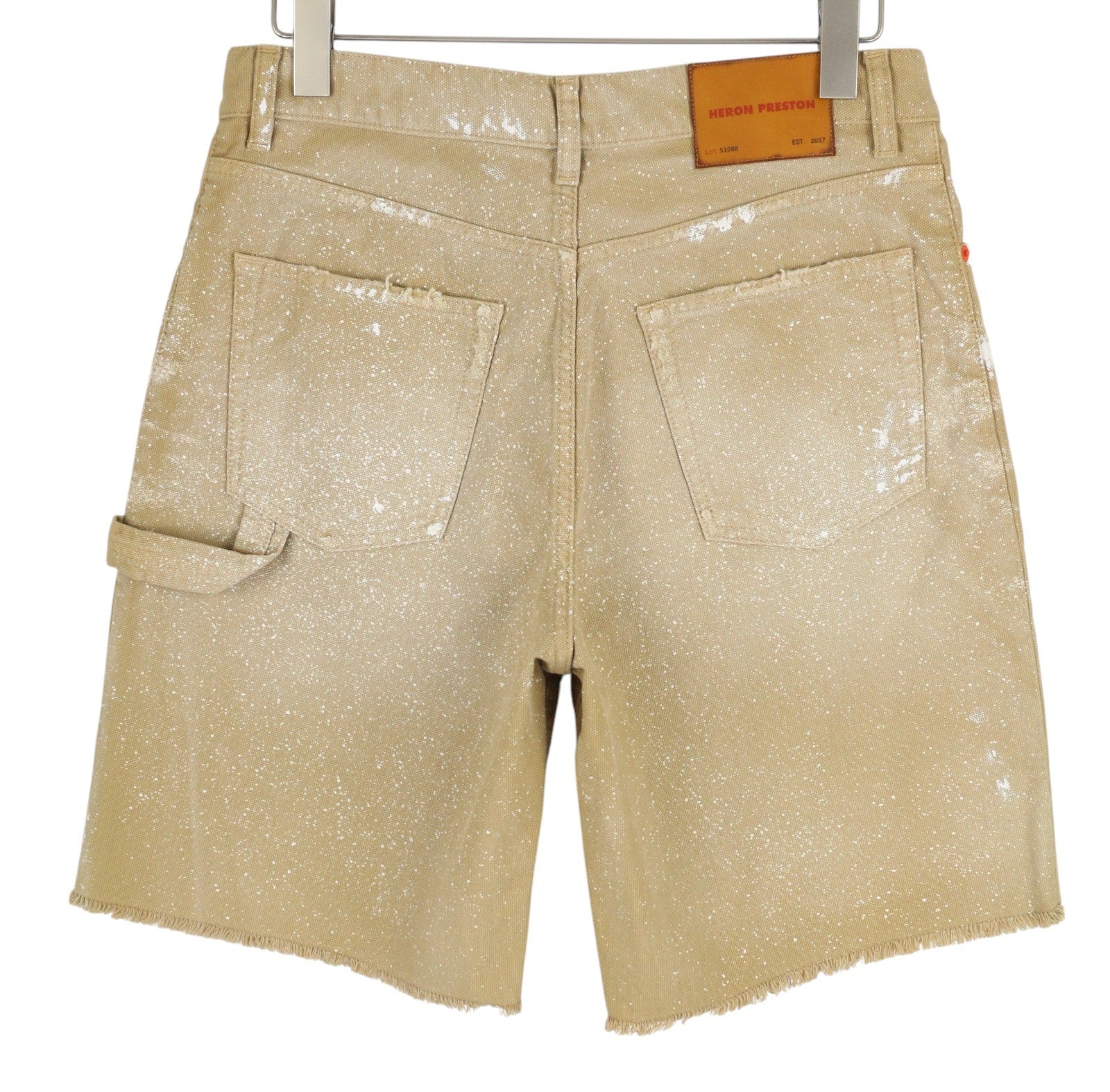 HERON PRESTON Men Shorts M Denim Beige Distress Painted Buttoned Logo Casual