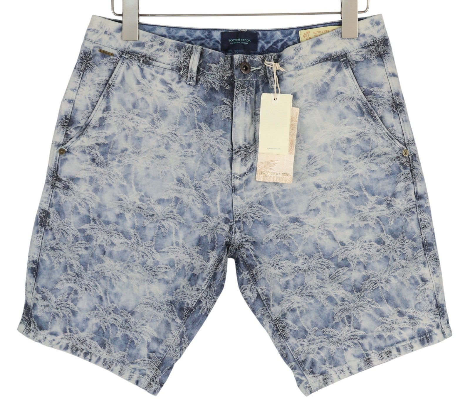 SCOTCH & SODA Men Shorts W31 Chino Washed Blue Embroidered Zip Fly Logo Casual