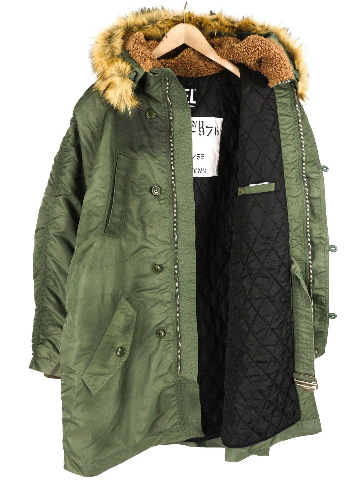 DIESEL W-Claud Mens Jacket L Oversized Parka RRP€395 Removable Faux Fur Green