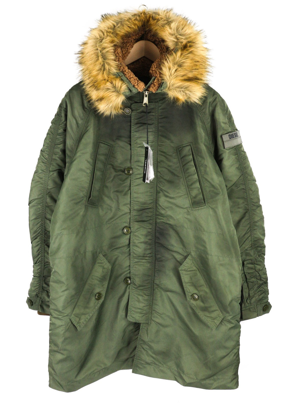 DIESEL W-Claud Mens Jacket L Oversized Parka RRP€395 Removable Faux Fur Green