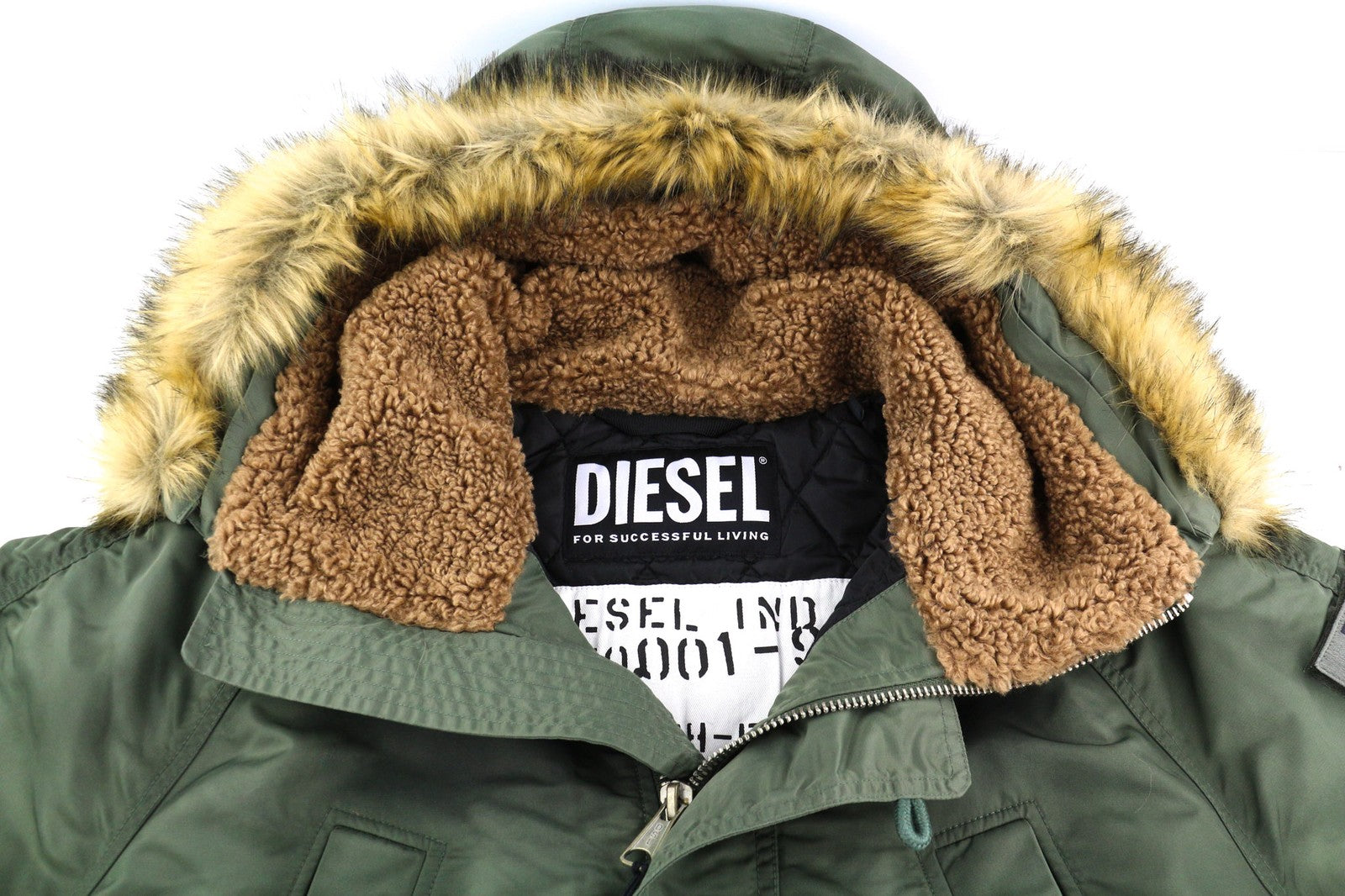 DIESEL W-Claud Mens Jacket L Oversized Parka RRP€395 Removable Faux Fur Green