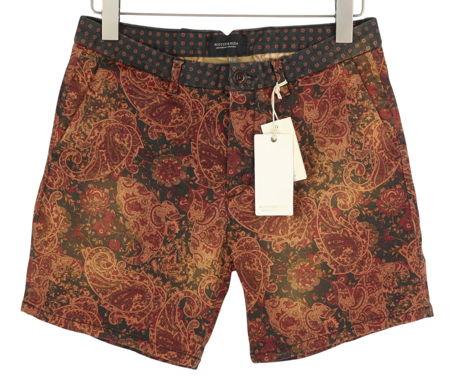SCOTCH & SODA Men Shorts W30 Brown Paisley Pattern Zipper Logo Casual Chino