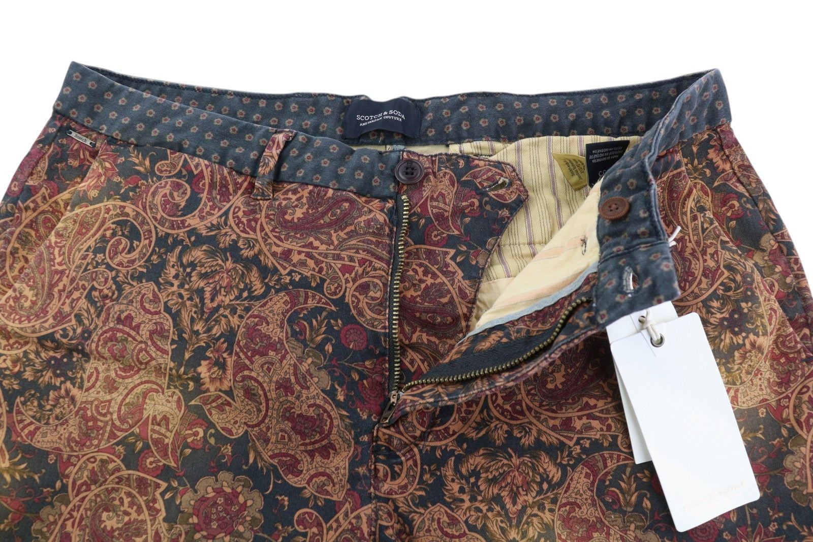 SCOTCH & SODA Men Shorts W33 Brown Paisley Pattern Zip Fly Logo Casual Chino