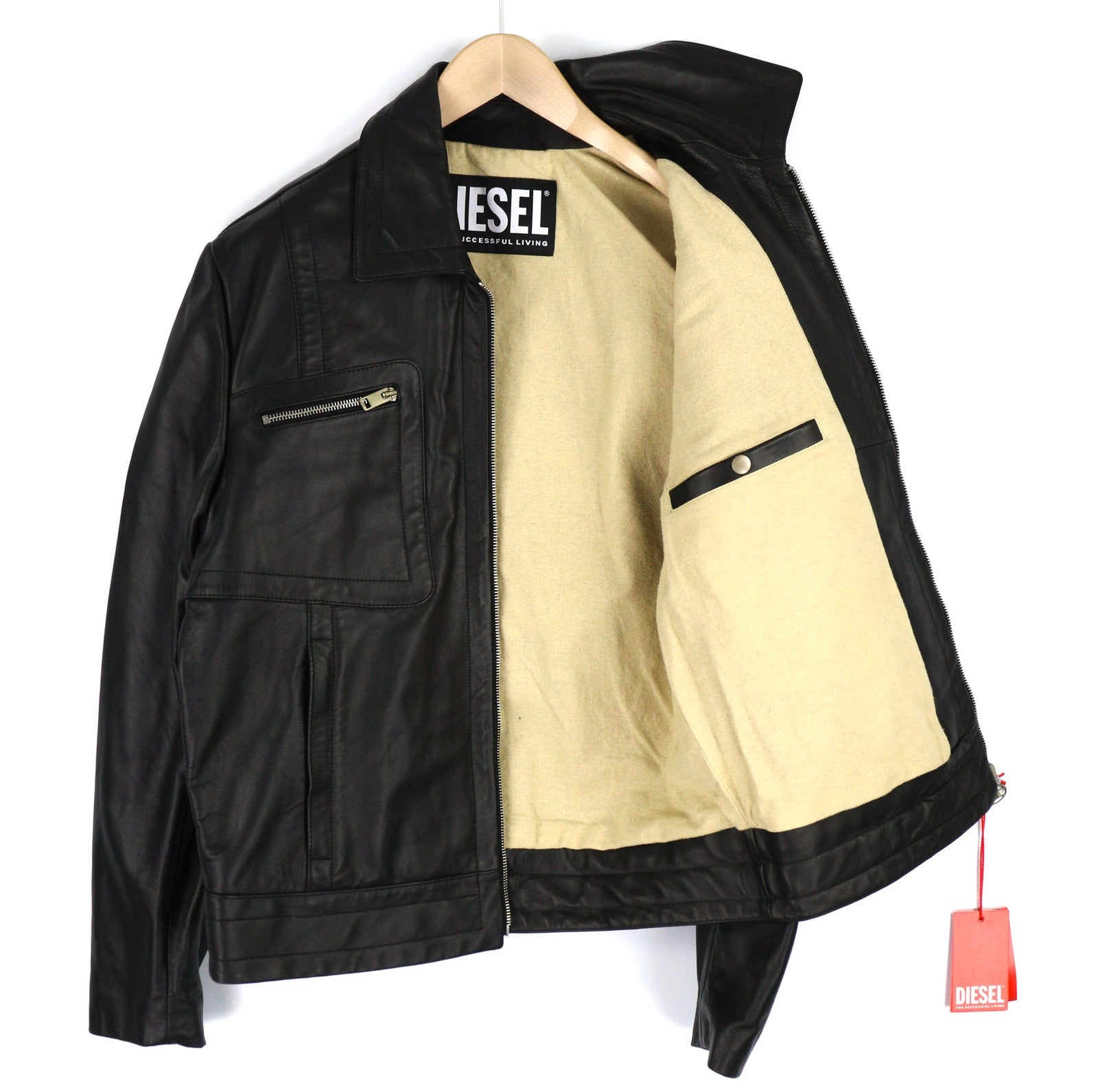 DIESEL L-Cale Mens Jacket L Black Cowhide Leather  Neck Lined RRP€650