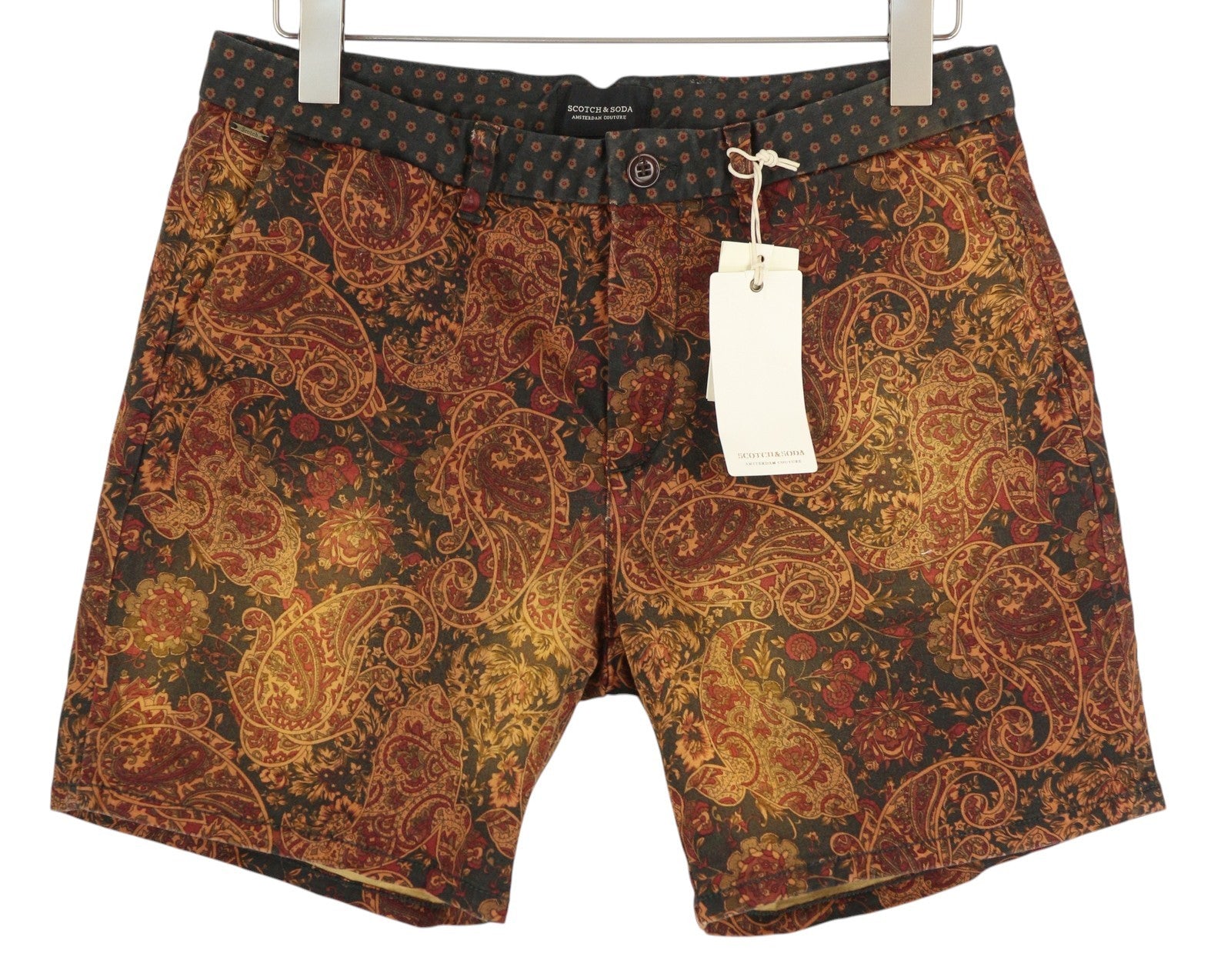 SCOTCH & SODA Men Shorts W31 Brown Paisley Pattern Zip Fly Logo Casual Chino