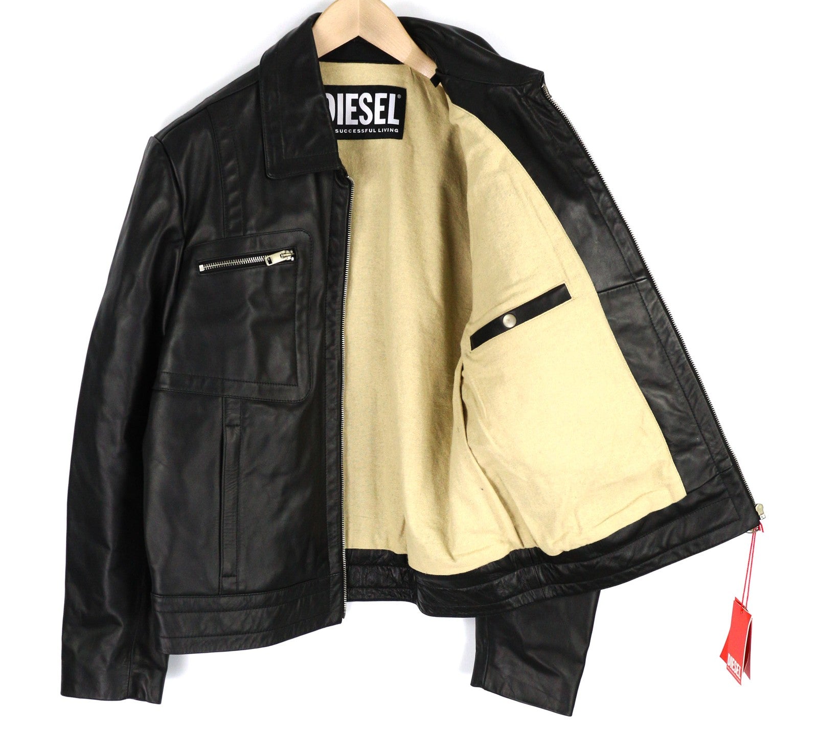 DIESEL L-Cale Mens Jacket L Black Cowhide Leather  Collar Lined  RRP€650